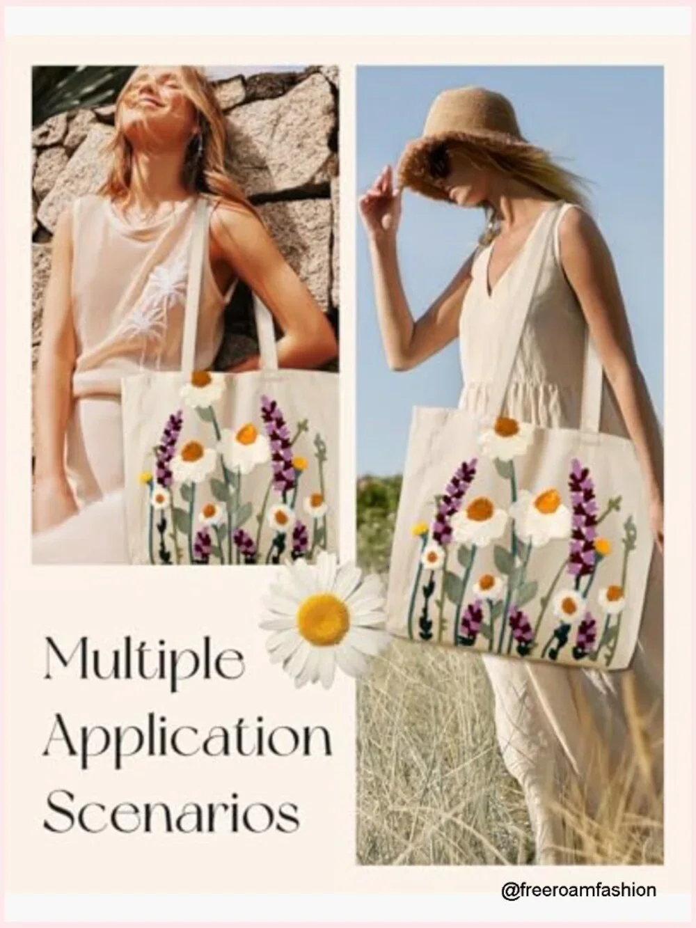 Canvas Tote Bag with Embroidery, Reusable Shoulder Bag for Shopping Work